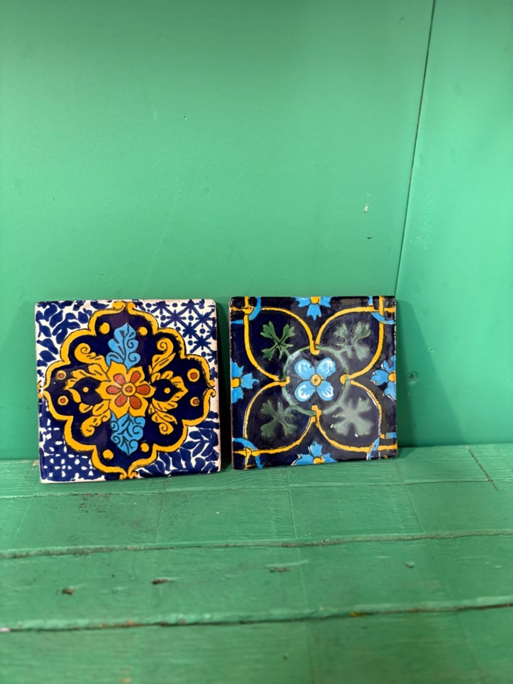 Hand-Painted Blue and Yellow Ceramic Decorative Tiles (Set of 2) 4x4